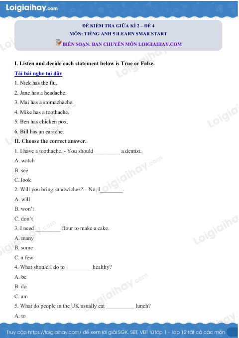 Đề thi giữa kì 2 Tiếng Anh 5 iLearn Smart Start - Đề số 4
